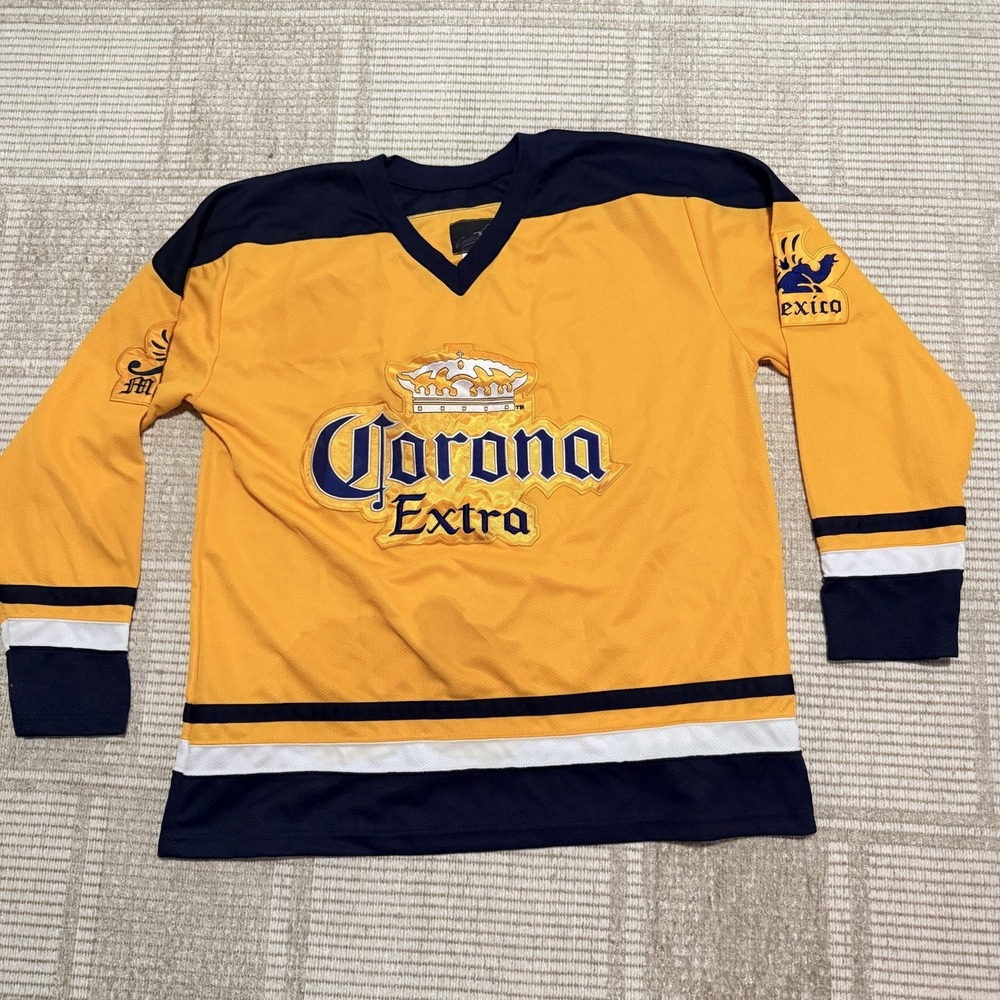 Calabria Corona Extra Jersey Mens Large Yellow Hockey Beer Mexico Mesh Logo